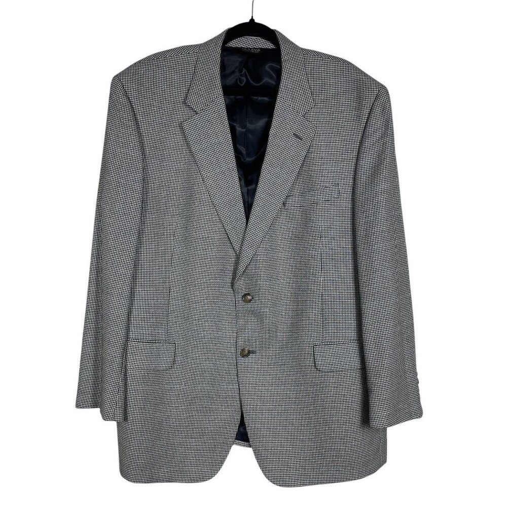 Jos A Bank Sport Coat Jacket Houndstooth 48R Silk Wool Mens Black Blazer Preppy